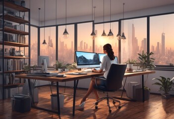 Fototapeta premium A Flat Vector Illustration Of A Female Professional Working Hard On A Project At Her Desk In A Modern And Creative Office Setting