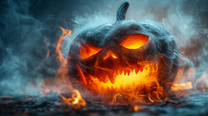A terrible and sinister pumpkin on Halloween in smoke spewing fire