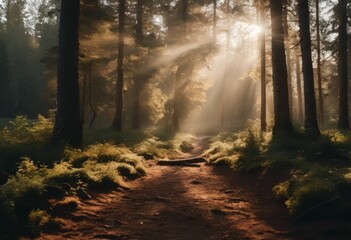 Obraz premium A scene in nature where sunlight dances through foliage, creating captivating light and shadow dynamics, casting intricate patterns on the lush forest floor and serene woodland.