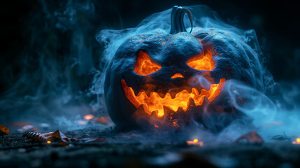 A terrible and sinister pumpkin on Halloweenin smoke