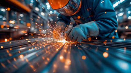 A worker grinds metal in a factory, sparks fly as he works.