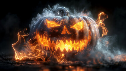 Horrible Halloween Pumpkin Spewing Fire In Smoke