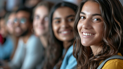 Fototapeta premium Group of smiling young adults seated in a row, focus on woman in foreground.