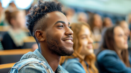 Fototapeta premium A young man smiles while listening attentively during an engaging lecture in a university auditorium filled with students