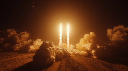 Two Combat Rockets Take Off from the Night Desert