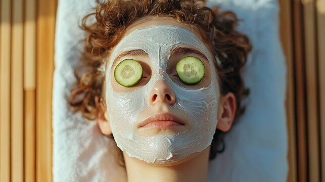 A young woman with curly hair lies down with a face mask on and cucumber slices on her eyes.