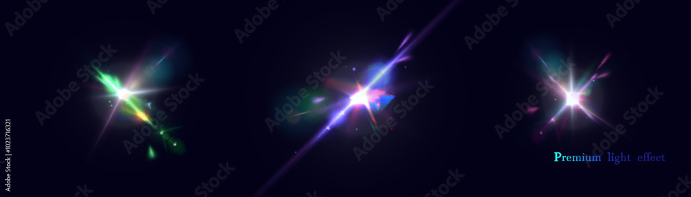 Aufkleber Bright glow, disco glare. Set of bright colorful light effects. Futuristic glow effect for game interface design.
