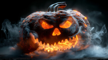 Horrible big pumpkin for Halloween laughs while spewing smoke and fire