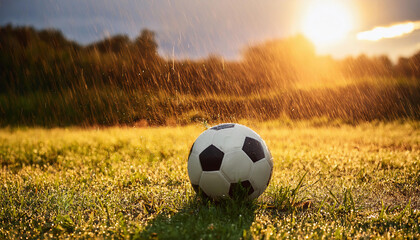 Soccer ball on green grass with water drops in at sunset 