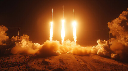Launch of three combat missiles in the desert at night