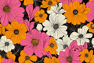 Amazing seamless floral pattern with bright colorful flowers and leaves on a pink, orange and black colors.