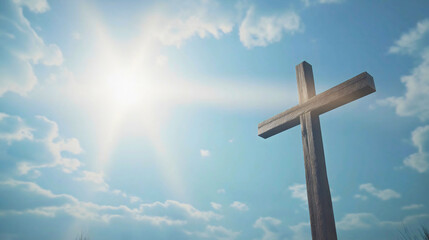 A Christian cross standing proudly under a clear sky on a sunny day, the cross as a symbol of faith, with the background representing total purity and beauty.