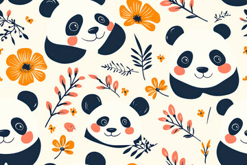 Endless background with heads of panda and flowers. Seamless pattern.