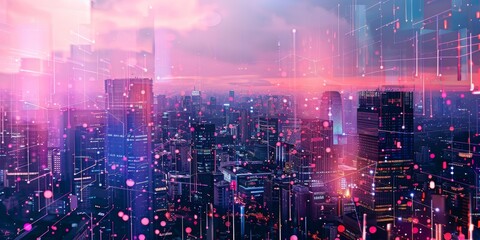 Fototapeta premium Futuristic Cityscape at Dusk with Digital Overlay and Neon Lights