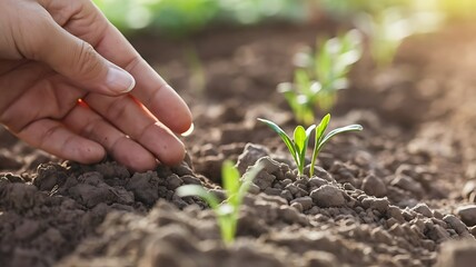 Nurturing Growth: Hand Tending to Young Plants in Sunlit Soil.