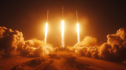 Launch of three combat missiles in the desert at night with clouds of smoke