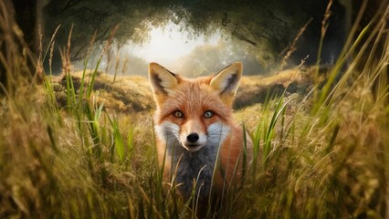 Fototapeta premium Woodland red fox close-up tall grass nature peeking dappled sunlight wildlife animal forest outdoor 