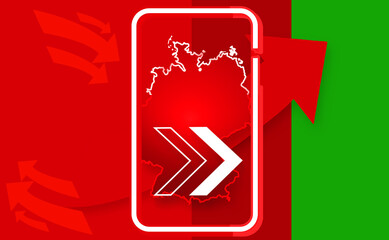 online and shape of smartphone and map of Germany, red color, upwards and downwards arrows