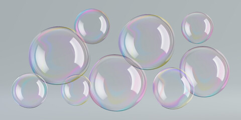 Transparent circle soap bubbles float in bath water, 3D glycolic sphere. Rainbow glass ball reflects suds. Liquid drops, gradient contrast flare on gray, wash design elements, air balloons in wind.