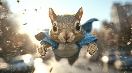 A playful squirrel dressed in a blue cape soars through a city street under bright sunlight, capturing the essence of adventure and fun