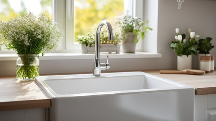 Cozy interior of kitchen with metal sink near window. Interior kitchen concept.