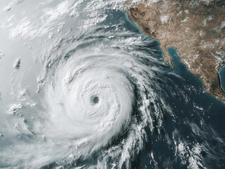 Obraz premium Satellite image-style illustration of a hurricane approaching land with predicted flooding areas, Satellite View, Hurricane and Flood