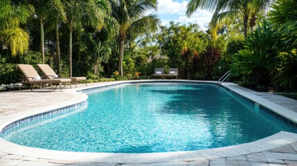 A swimming pool with clean, inviting water, framed by lounge chairs and palm trees in a tranquil environment.