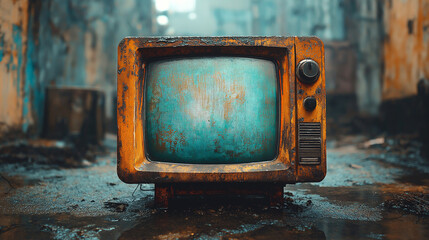 Orange retro tv against dirty room background