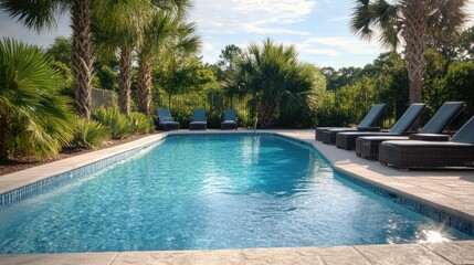 A swimming pool with clean, inviting water, framed by lounge chairs and palm trees in a tranquil environment.