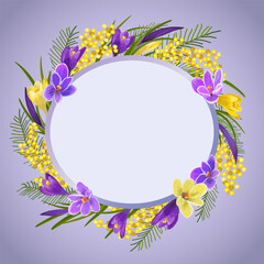 Illustration with colored frame and flowers.Spring flowers in frame decor on colored background in vectron illustration.