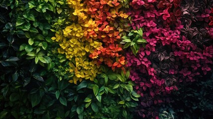 A vibrant vertical garden with colorful foliage, creating a lush wall of greenery and nature's beauty.