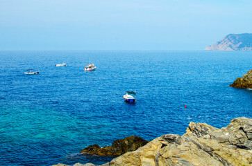 Cinque Terre, Liguria, Italy - August 5th 2024: View of the sea and rocks in Cinque Terre