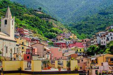 Cinque Terre, Liguria, Italy - August 5th 2024: View of the colorful houses of Cinque Terre