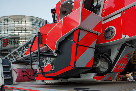Fire trucks and emergency responders are seen in action in front of Breuninger D&uuml;sseldorf, Germany. 