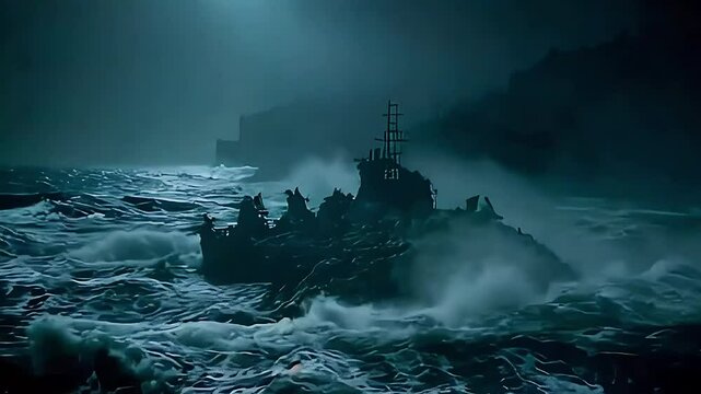 A foggy ocean surface at night with monstrous waves crashing against a jagged haunted rock formation