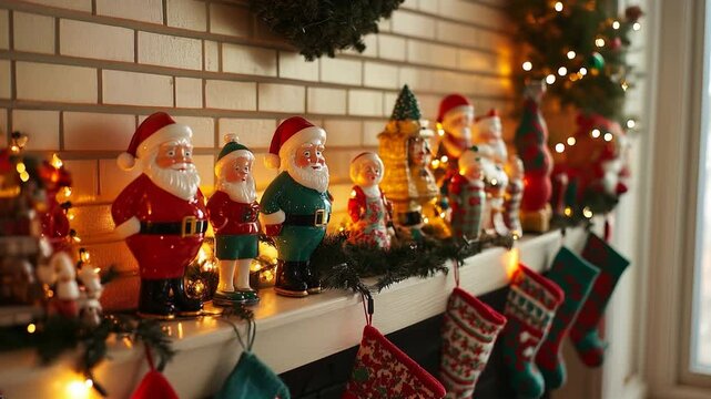 Christmas collection of vintage Santa Claus figurines on a festive fireplace mantel, surrounded by glowing holiday lights. Nostalgic scene in cozy living space. Image made using Generative AI.