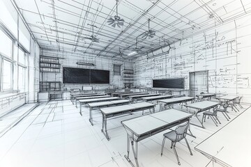 Sketch of a classroom with desks and chairs.
