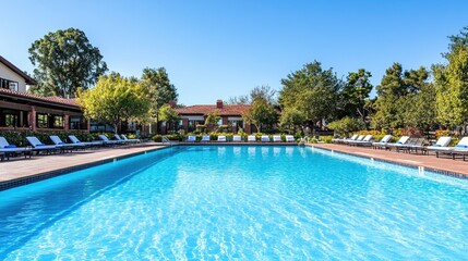 Fototapeta premium Sparkling blue water in a large swimming pool, inviting for a swim, set in a sunny, serene outdoor space.