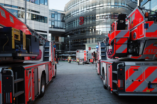Fire trucks and emergency responders are seen in action in front of Breuninger D&uuml;sseldorf, Germany. 