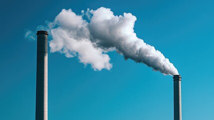 Close-up of smoke billowing from power plant chimneys, with a blue sky backdrop, showcasing industrial energy production. No people.