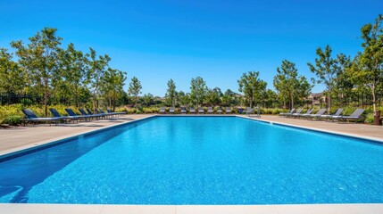 Sparkling blue water in a large swimming pool, inviting for a swim, set in a sunny, serene outdoor space.
