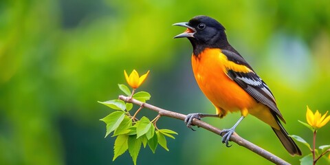 Oriole perched on a branch singing in a tree , Oriole, bird, singing, treetop, branch, nature, wildlife, colorful