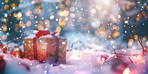 A gold box with a red ribbon sits on top of a snowy ground. The scene is festive and joyful, with the box likely containing a gift for the holiday season