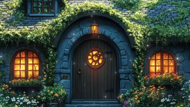 A magical cottage surrounded by vibrant flowers and soft glowing lights at twilight in an enchanted forest