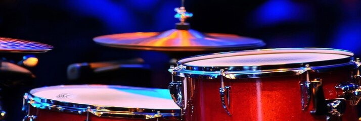 Close-Up of a Red Drum Set on Stage with Blue Lighting, Music and Entertainment Concept