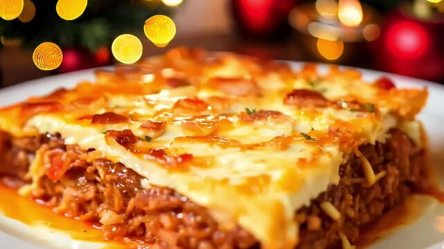 Delicious lasagna served on a festive table with Christmas decorations