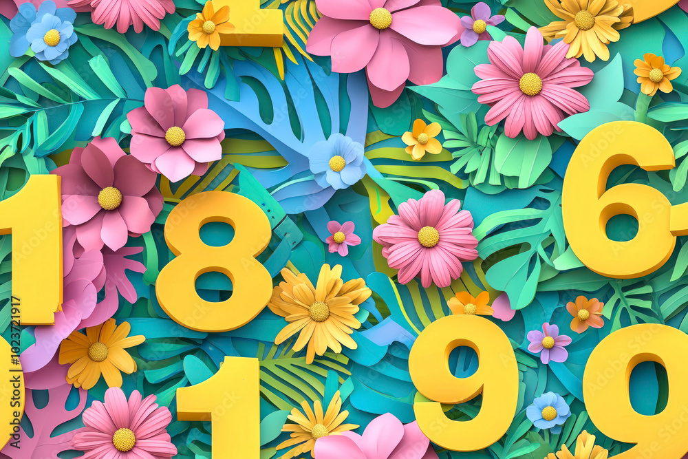 Fototapete set of yellow 3d numbers and symbols on multicolored background with flowers and plants.