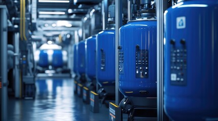 Detailed shot of blue tanks and modern control systems in an advanced factory setting. No people.