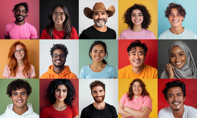 Carefree multiracial people, different ages, showing happy smiles. Collection mosaic close portraits over colorful studio background, creative image, square