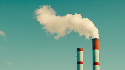 Detailed shot of smoke-emitting chimneys at a modern power plant, set against a bright blue sky, symbolizing industrial power. No people.